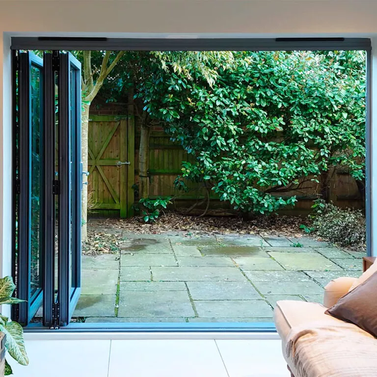 Aluminium Bifold Doors Three Panels in Grey - Fully Open