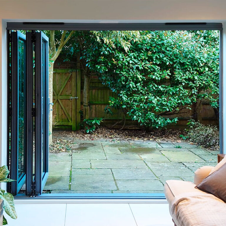 Aluminium Bifold Doors Three Panels in Grey - Fully Open